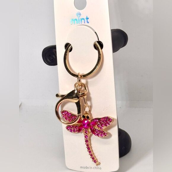 BAG CHARM Pink Crystal Dragonfly Keychain Charm -  Gold Accent - Picture 2 of 5